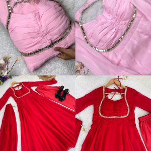 Trendy Stylish Embroidery 9mm Sequences Less Work Gown With Full-Sleeves, Pant & Dupatta Set