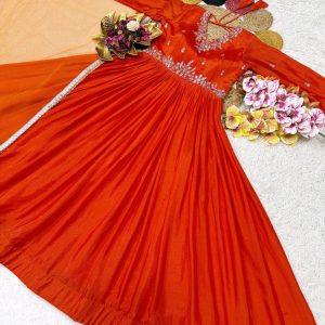 New Launching the most trending Beautiful Soft Chinnon Sequins Embroidery Gown With Dupatta