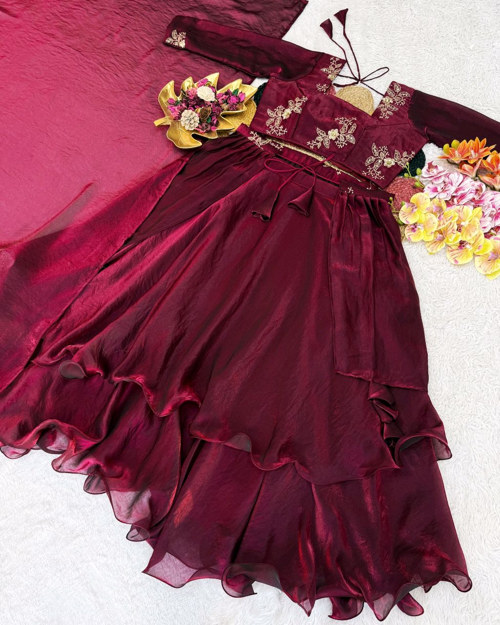 Launching Our Latest Christmas Collection Beautiful Heavy Space Silk 3 In 1 Style Lehenga choli Set Double Frill – Where Elegance Meets Comfort! - Image 3