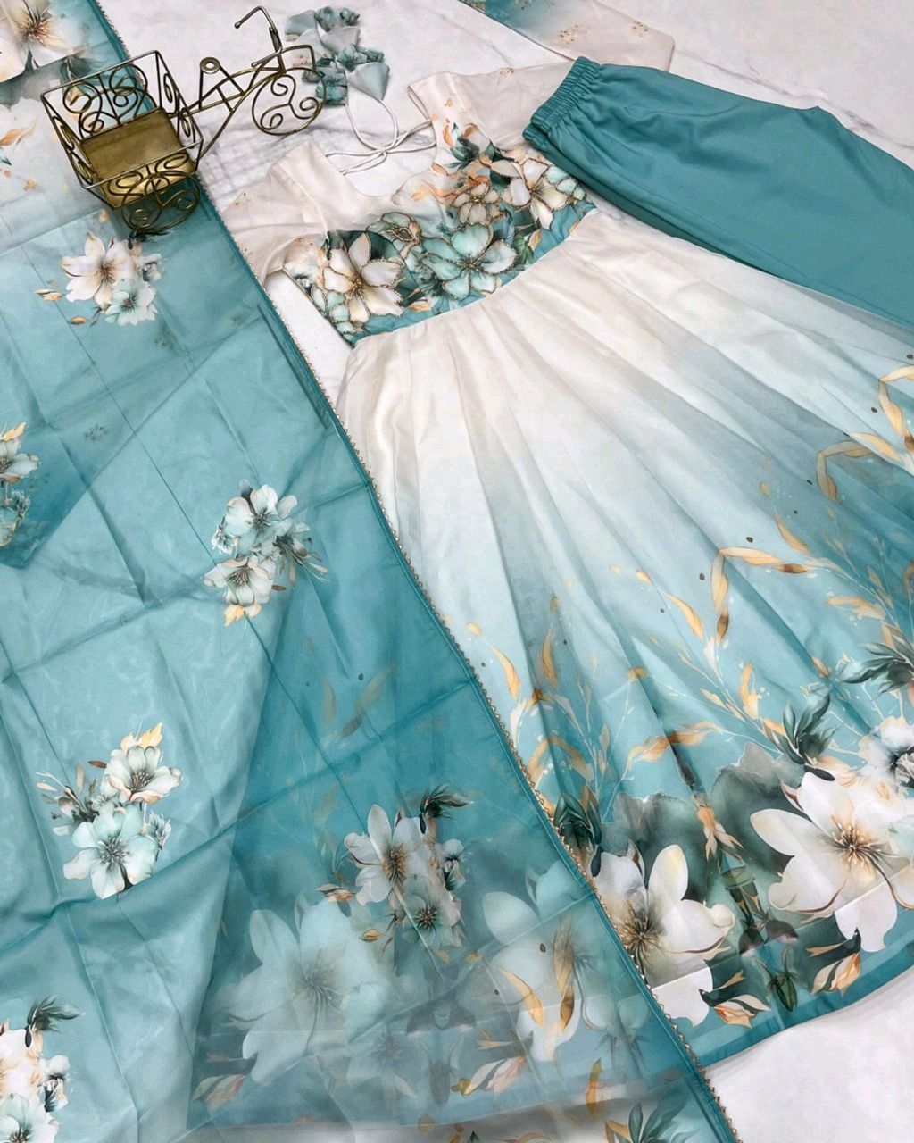 Classic floral printed organza anarkali suit set for the upcoming festivities and wedding season