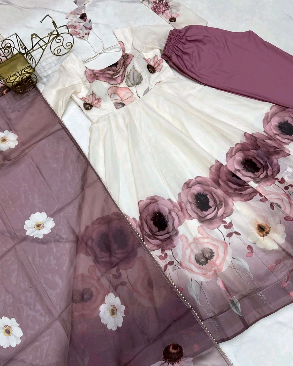 Classic floral printed organza anarkali suit set for the upcoming festivities and wedding season - Image 2