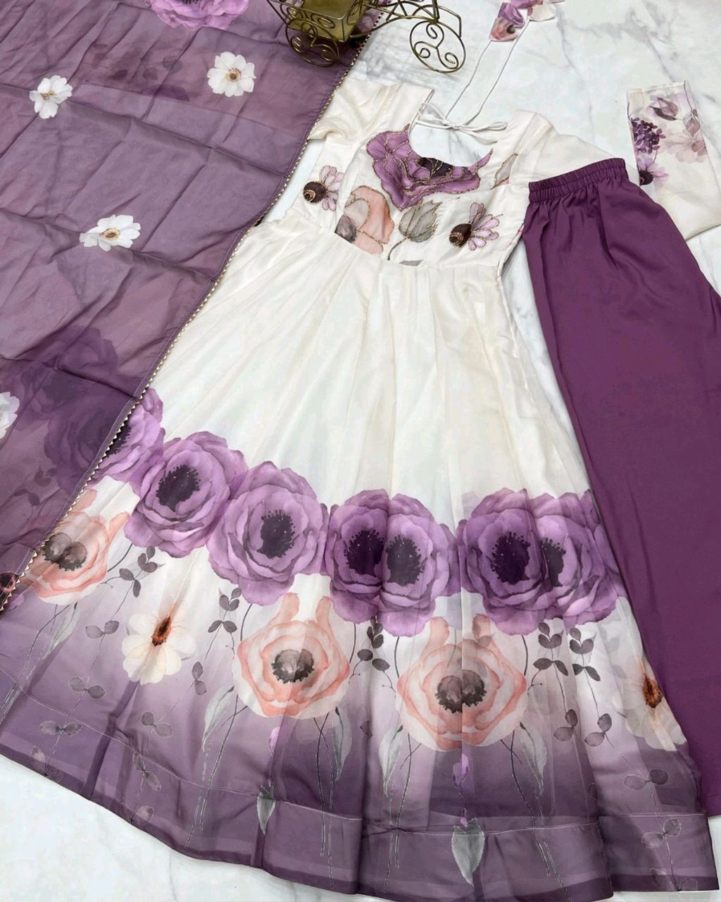 Classic floral printed organza anarkali suit set for the upcoming festivities and wedding season - Image 3