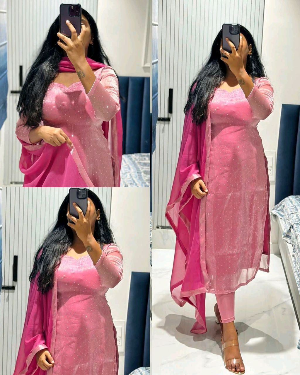 This kurti made with premium soft space silk with diamond work and matching soft georgette dupatta with 4 side lace broder