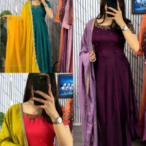 Trendy Elegant look, rich texture, and beautiful Maggam embroidery details make it Extraordinary Gown & Dupatta