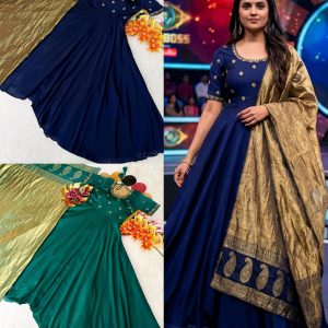 Top Trending Big Boss Tanuja style Beautiful Maggam Work Gown With Tissue Dupatta. A touch of glamour and elegance to your look For Festive Season