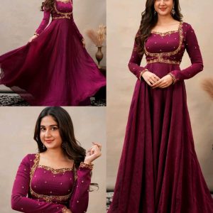 Stay Effortlessly Beautiful In Our Emb Gown A Perfectly Enhanced With Wine & golden Work All Over The Yok The Outfit Comes Paired With A Gown and Short shrug Style it in your own way ✨