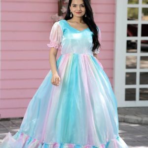 Printed Organza Flared Gown in Sky Blue and Multicolor