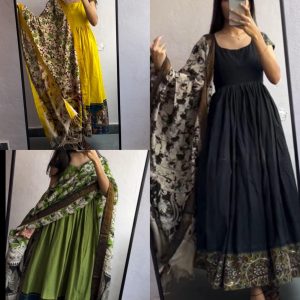 Cotton Kurti Gown with full Side Banarasi Border dupattaGOWN+DUPATTA SET