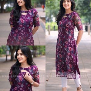 💜💜Women Purple Floral Printed Kurthi Oval Neck Elbow Hand💜💜