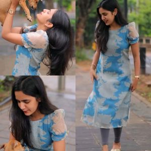 Blue organza Top with puff sleeves