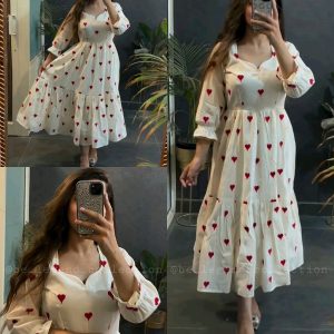 New Beautiful printed heart mini dress color Cream cotton middi Gown dress with beautiful sleeve