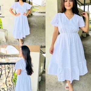 Women Cotton Cambric Printed V-Neck Dress (White)