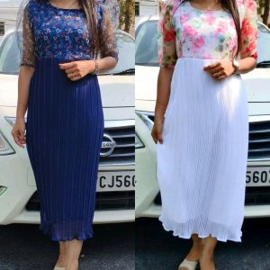 Blue / White Pleated Maternity Dress