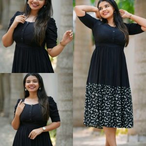 Black Midi Dress with Abstract Patterned Hem and Button-Front Bodice"