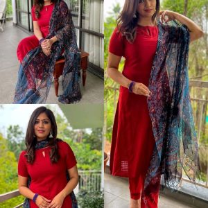 Rainy Season Special Presenting Dream Silk Lining key hole neck A-line red colour kurti with match pant and kotta printed Dupatta perfect office and party wear(Kurti+pant+dupatta)
