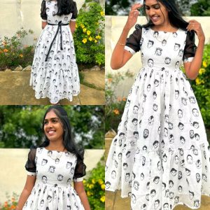 Cartoon printed puff sleeve round neck Dress