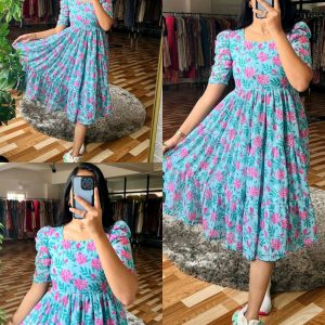 Sky Blue Puff Sleeved Flared Dress