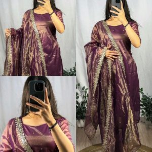 BANARASI TISSU TWO TONE WITH EMBROIDERY WITH 3mm SEQUENCE THREAD WORK 💎