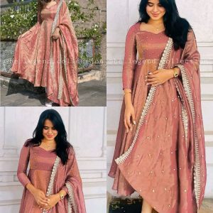 Launching New Party Wear Look Pur Twil Gold Net Anarkali Gown,Dupatta & Plazzo Set