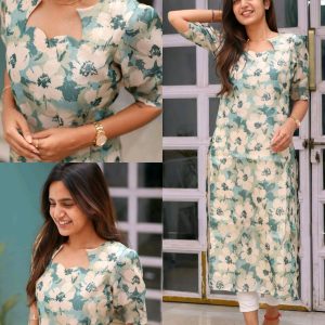 Pastel Green Tussar Kurti with Cream Blossom – Casual Wear