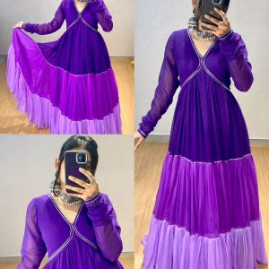 Elevate your ethnic fashion with our violet flared anarkali, with beautiful gota patti work and beautiful three color shades.