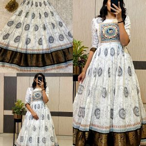 Kalamkari style vanilla white long gown
