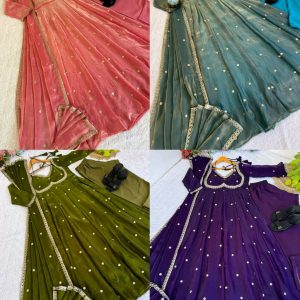 Presenting By New Party Wear Look Fendi Satin Gown With Dupatta , pant , 3MM Rembo sequence with Zari