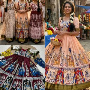 Launching Top Trending Beautiful Soft Dola Silk Kalamkari Gown A touch of glamour and elegance to your look For Festive Season