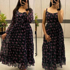 A Flowing, Delicate Floral Print. Over Coat With Sleeveless Gown