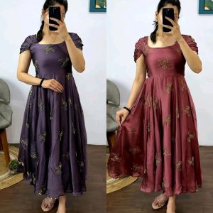 This Outfit Made Premium Rangoli Silk Fabric With Beautiful “Sparrow” Beads Aari Work All Over The Maxi Gown